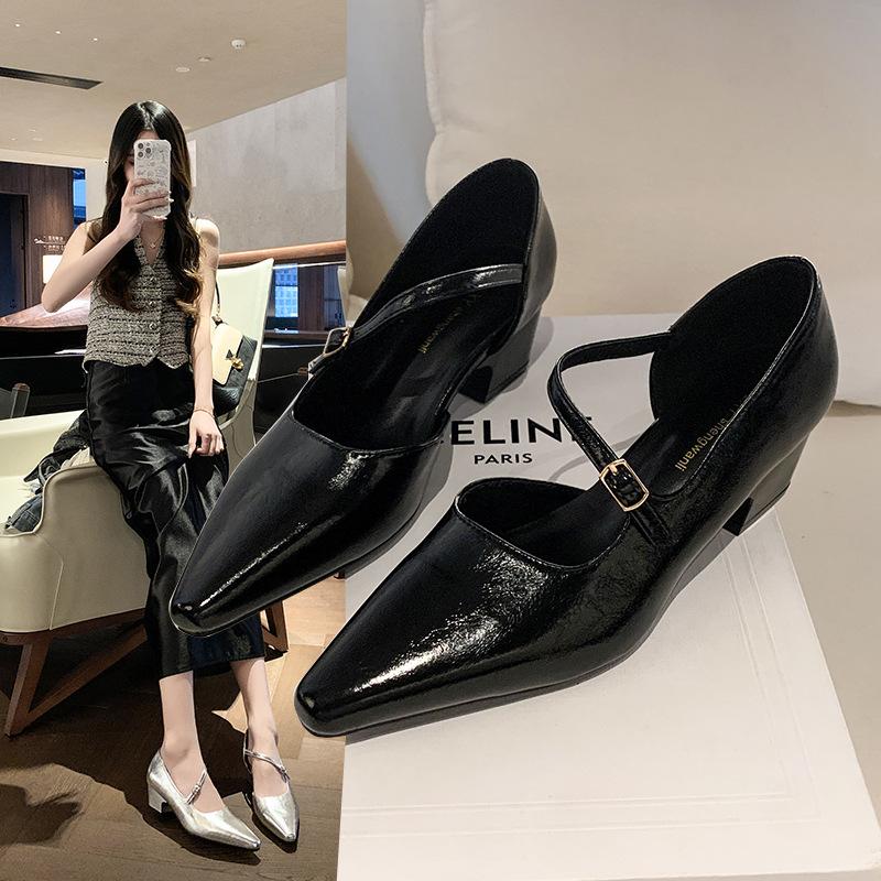 Fashion 2025 Silver Pointed Toe High Heel Mary Janes Women's Shoes Spring Autumn New Korean Style French Vintage Evening Red Thick Hee