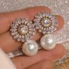 Gorgeous Flower Imitation Pearl Earrings Women Luxury Inlaid Sparkling CZ Stone Fashion Wedding Jewelry Wholesale Lots