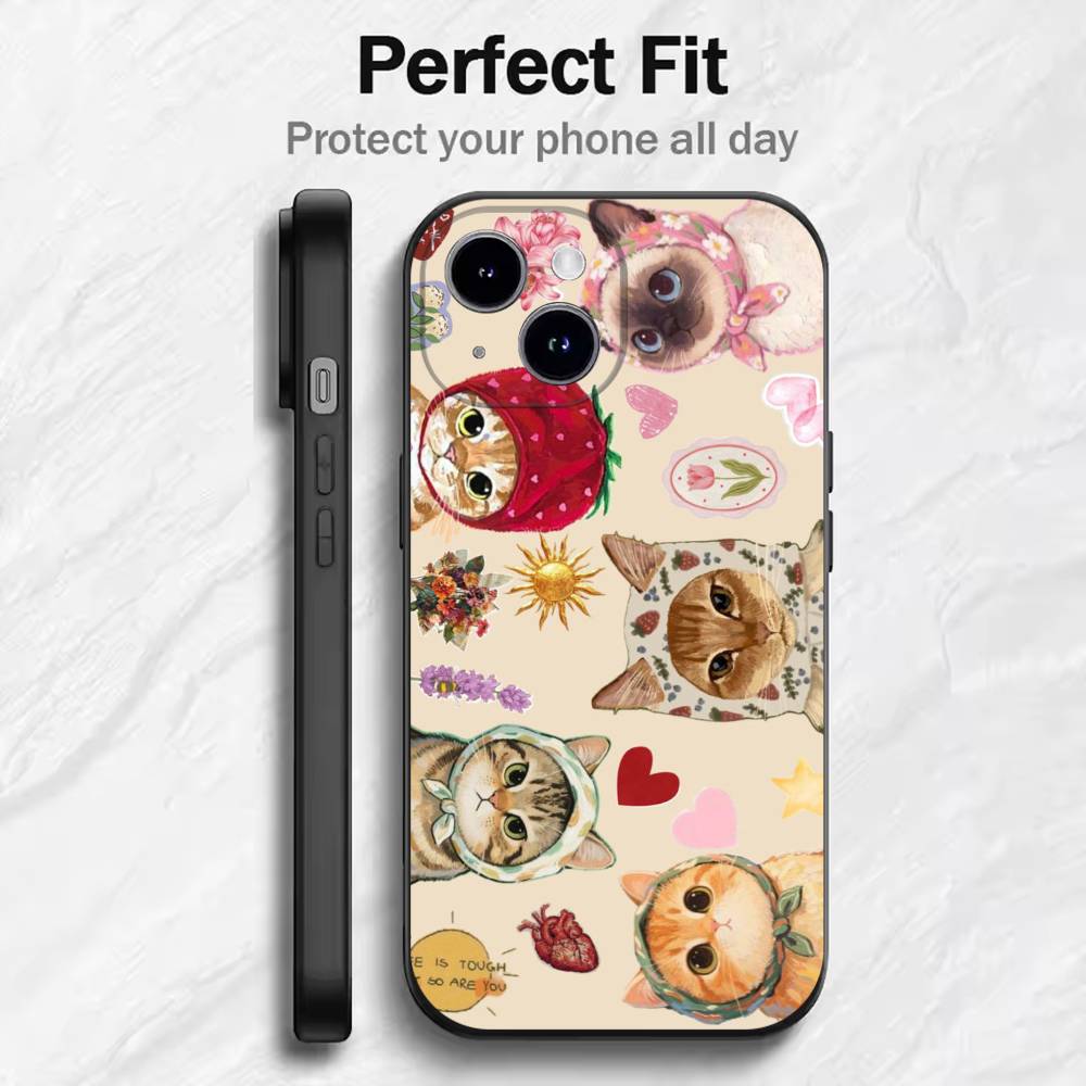 Colorful Cat Design Phone Case For 17 16 15 14 13 12 11 Mini XS XR X 6S 6 Pro Max Plus Black Soft Cover