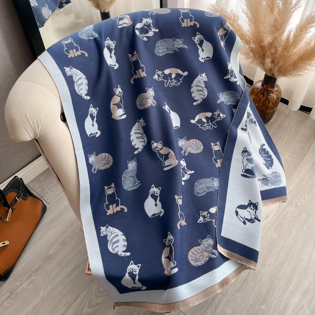 Latest Animal Jacquard Kitty Scarf Imitation Cashmere Soft Warm Fringe Shawl Autumn Winter Coldproof Windproof Blanket Scarf
