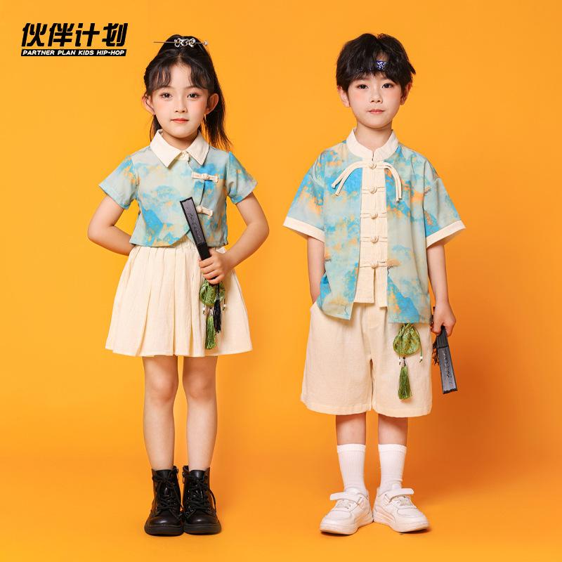 Children, Performance Clothes, Kindergarten Dance Costumes, Landscape Painting, Short-Sleeved Girls' Pleated Skirts
