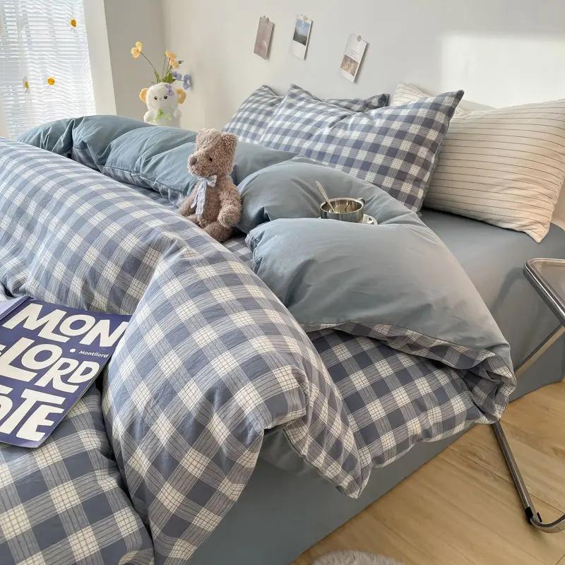 INS Plaid Bedding Set Pink Green Bed Linens Nordic Duvet Cover Pillowcase Queen Size Flat Sheet Adults Kids Bedclothes
