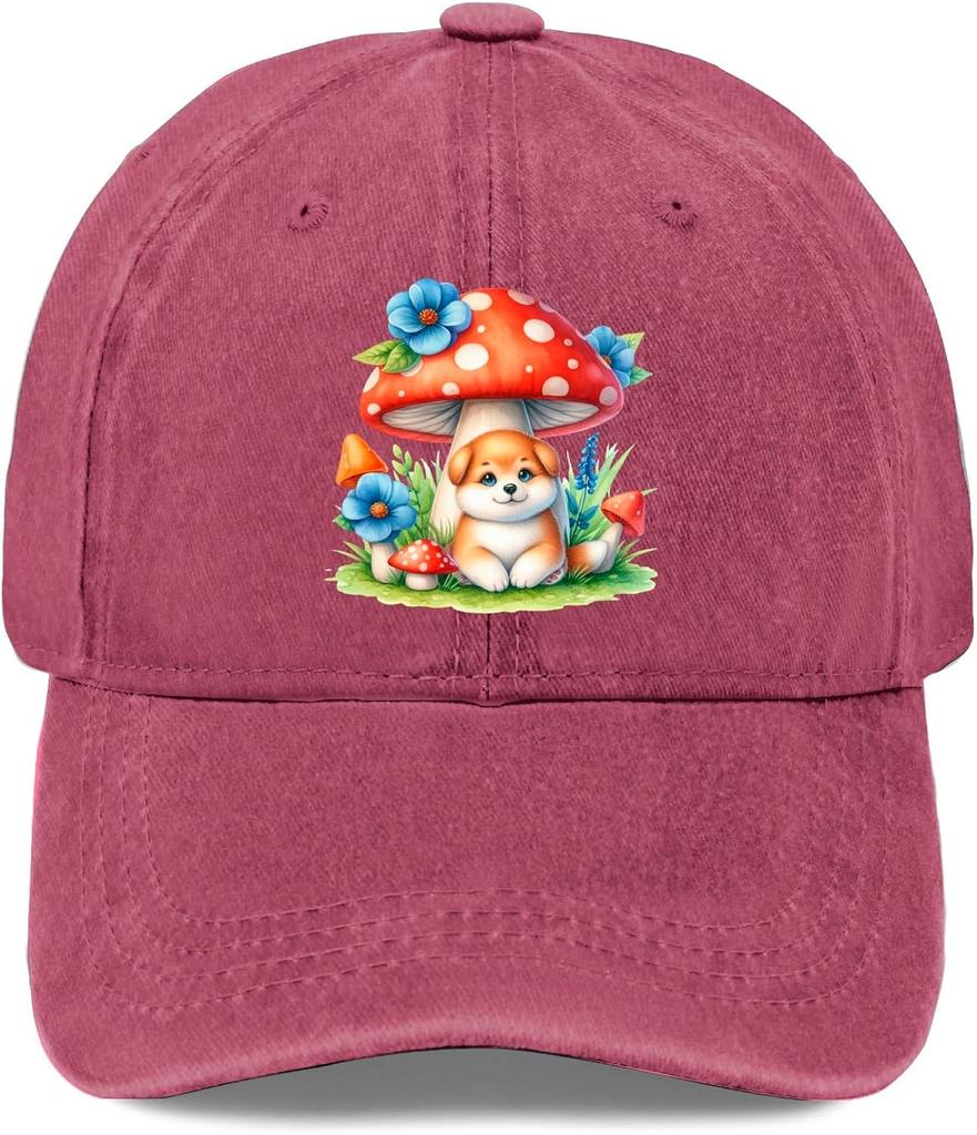 Cute Puppy and Mushroom Watercolor Print Washed Baseball Cap Adjustable Casual Sun Protection Adult Hat