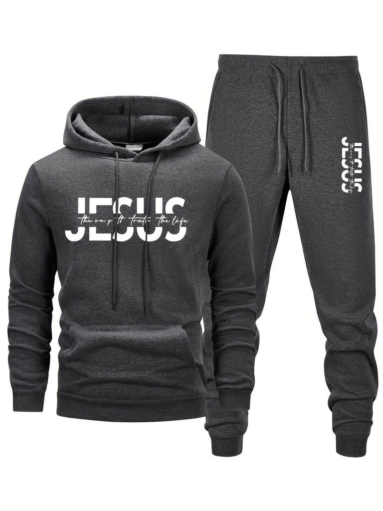 Herren Kapuzenpullover mit Buchstabenaufdruck lockere Passform, Jacke, langärmeliges Hosen-Set