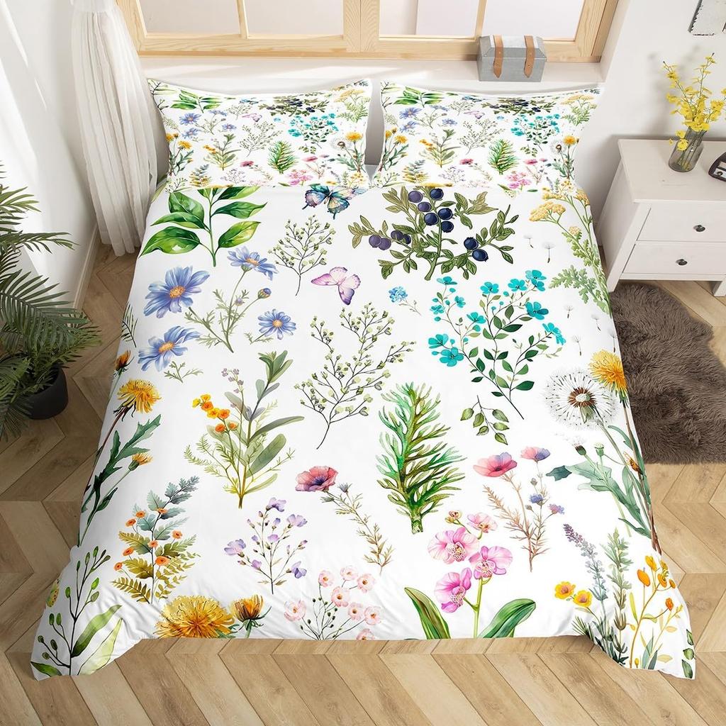 Floral Duvet Cover For Girls Boys Cute Botanical Leaves Bedding Set Kawaii Room Decor,Lovely Floral Herbs Flower Comforter Cover