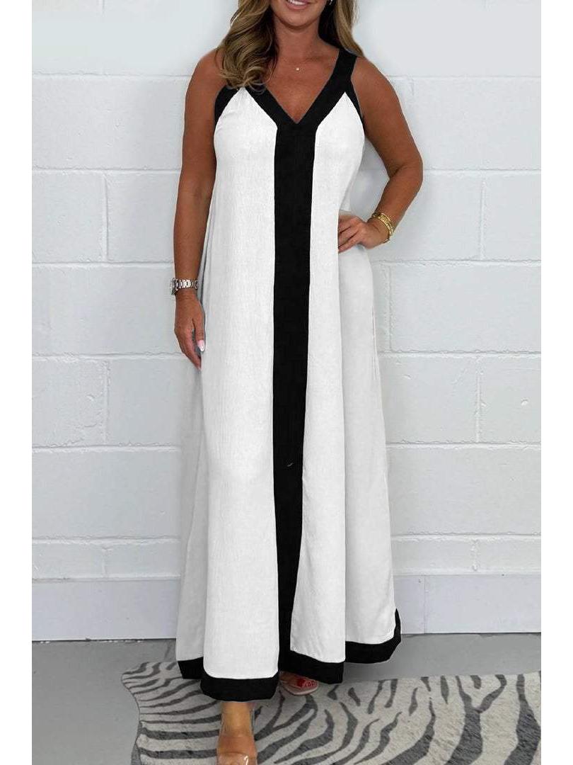 

2024 Модное контрастное цветное V-образное платье без рукавов, длинное, свободное, женское 5XL