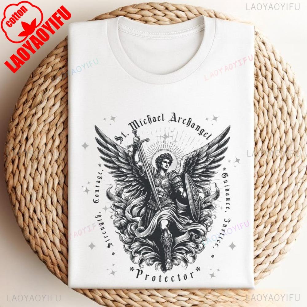 St Michael Archangel Tshirt Catholic Vintage ClipArt Gifts Shirt Retro Church Clothing Devotional  Men Women Cotton Tee Tops