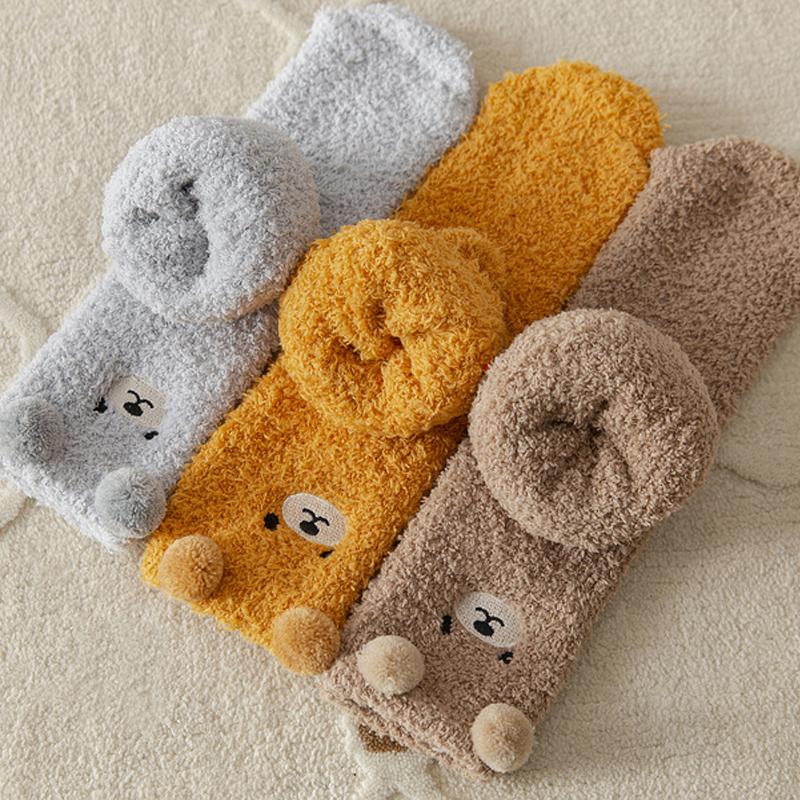 2 Pairs Coral Velvet Women's Socks Bear Thicken Plush Warm Sleep Fluffy Socks Cute Cartoon Lovely Floor Fleece Fuzzy Sock Winter