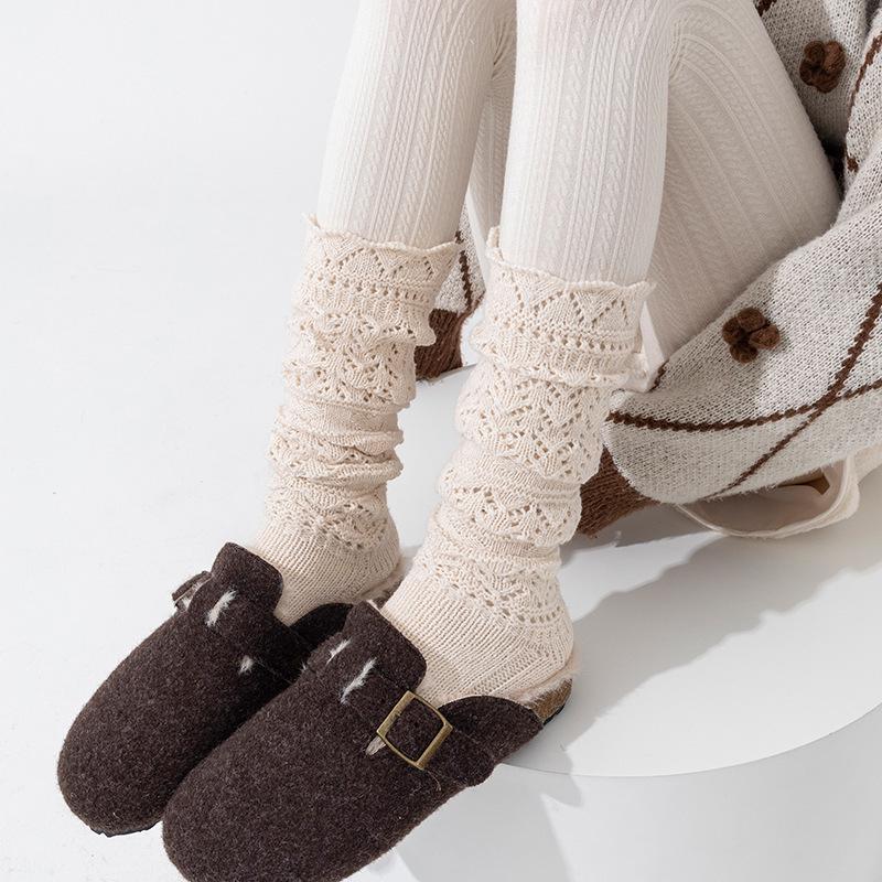 Wool Embossed Openwork Calf Women's Stirrup Leg Warmers - Autumn & Winter Fashionable Soft Mid-Calf Socks