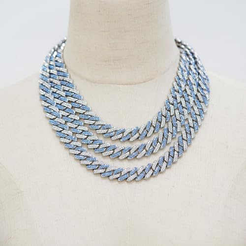 Takeda Jewelry Men's Iced Out Cuban Chain Necklace, Silver and Blue Rhinestones, Wide Chain, Street Style Accessory, 45/50/55cm (55cm)