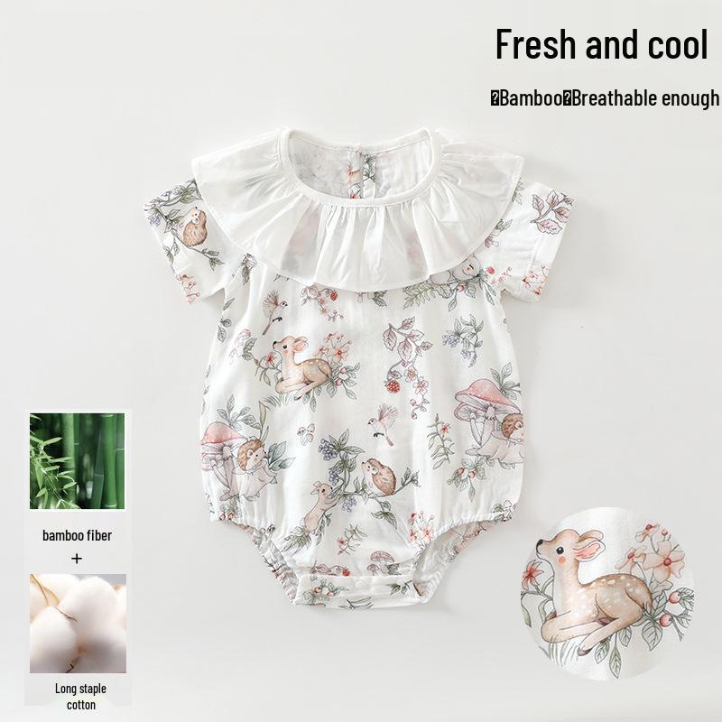 

2025 Bamboo Cotton Summer Baby Girl Romper - Short-Sleeve Triangle Crawl Suit 90 cm