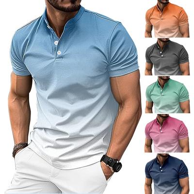 Maglietta da uomo alla moda per la primavera e l'estate, con colletto alto, casual, sfumato, a maniche corte, da golf, Henley