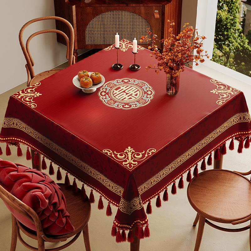 Свадебная Праздничная Квадратная Скатерть Декор Свадебной Комнаты Свадебный Красный Квадратный Обеденный Стол Стол Восьми Бессмертных Покрытие для Стола для Маджонга 120*120cm [including tassel size]