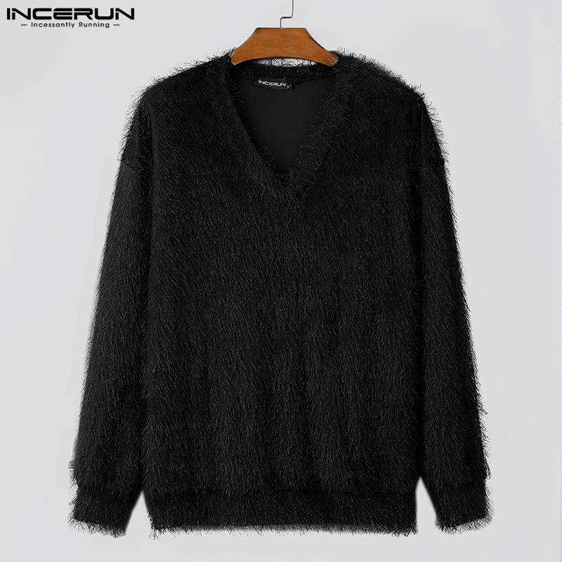 INCERUN Men V Neck Long Sleeve Tassels Warm Tops Stretch Pullovers