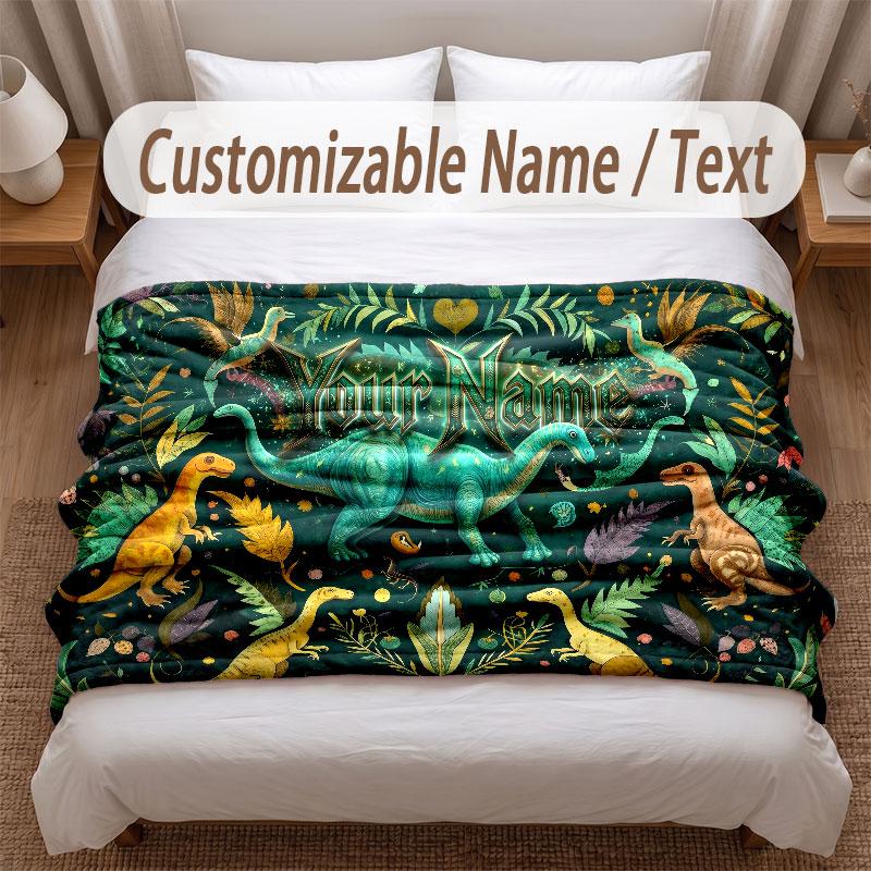 Dinosaur Theme Soft Blanket Personalized Custom Name Text Print Warm Blanket Home Sofa Bedroom Decor