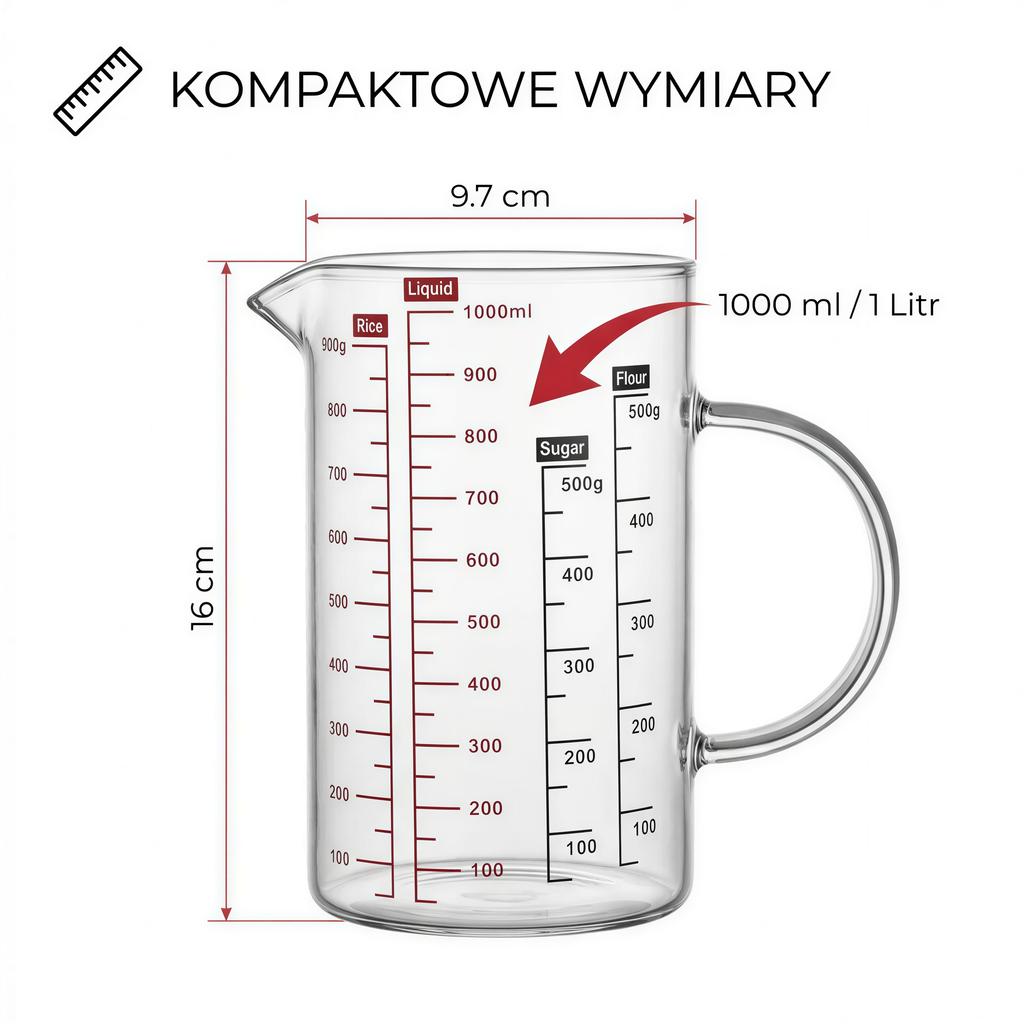 KITCHEN MEASURING JUG 1000ml HEAT-RESISTANT WITH GLASS MEASUREMENT GRADUATION