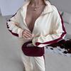 European and American Casual Women's Color-block Set, Long-sleeve Zip-up Cardigan, Tie-up Sweatpants, Color-block Two-piece Set