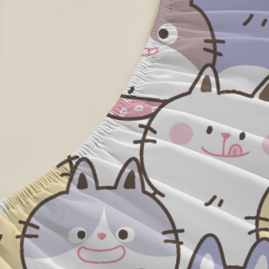 3pcs Fitted Sheet Set Cute Cat Faces Pattern Print Wrinkle Resistant Bed Sheet With Pillowcases For Bedroom Decor