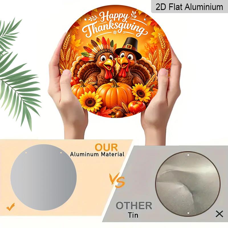 2D Flat, 1pc Round Aluminum Hanging Sign, Happy Thanksgiving Cute Cartoon Turkeys Pumpkin Sunflower Maple Wheat Apple Metal Wall Decor, Warm Orange