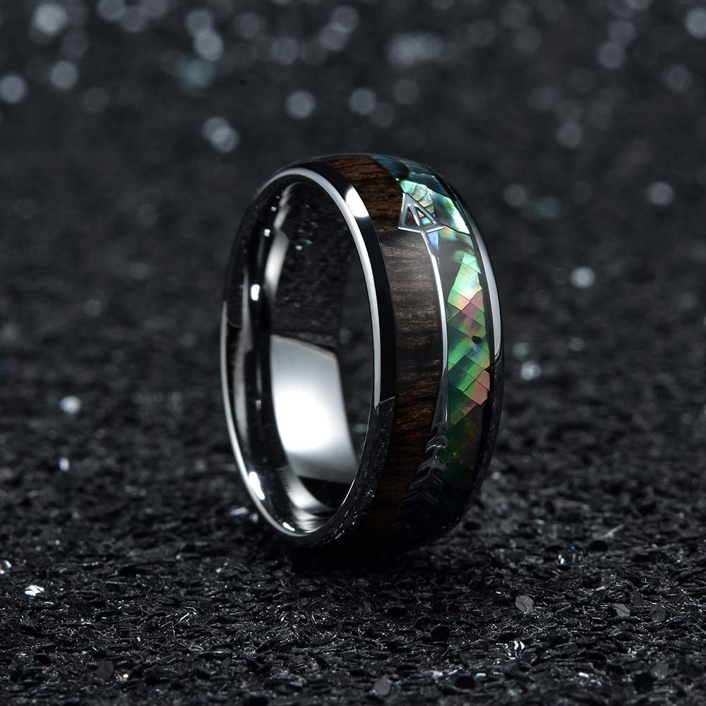 Fashion 8mm Men's Black Stainless Steel Rings Hawaiian Koa Wood And Rainbow Abalone Shell Opal Inlay Ring Men's Wedding Band