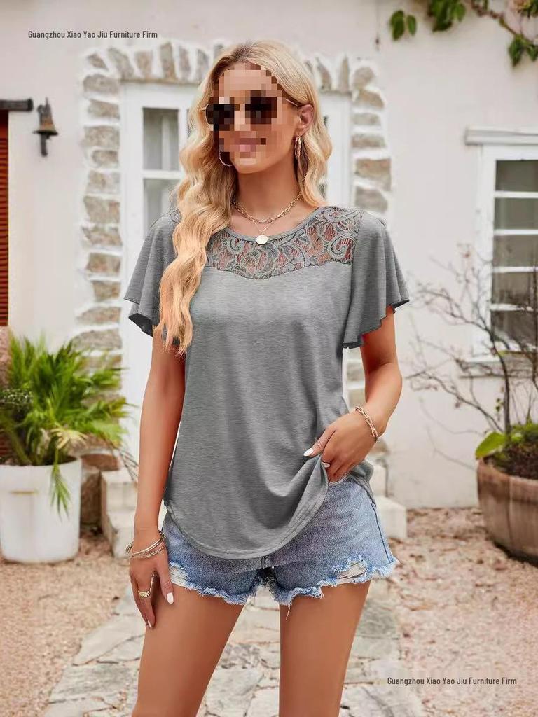 European and American Women's Solid Color Mesh Ruffle Short Sleeve T-shirt