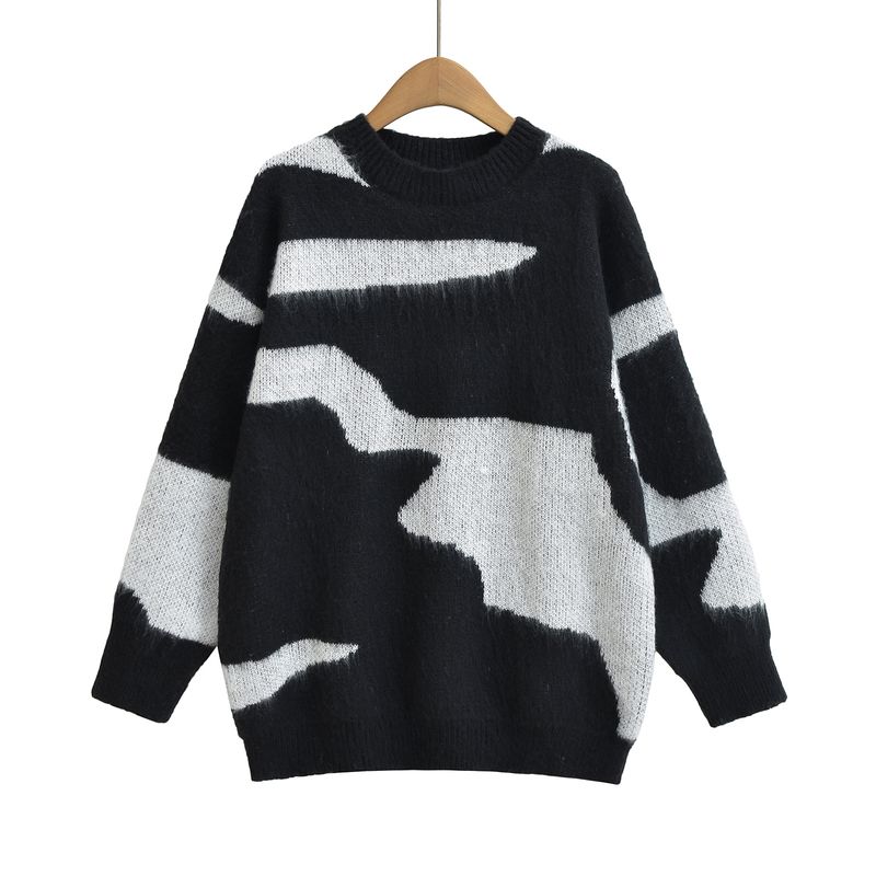 Jnleaog New Fall Women's Clothing Fashion French Style Design Fashion All-Match Casual Style Color-Block Crew Neck Tops
