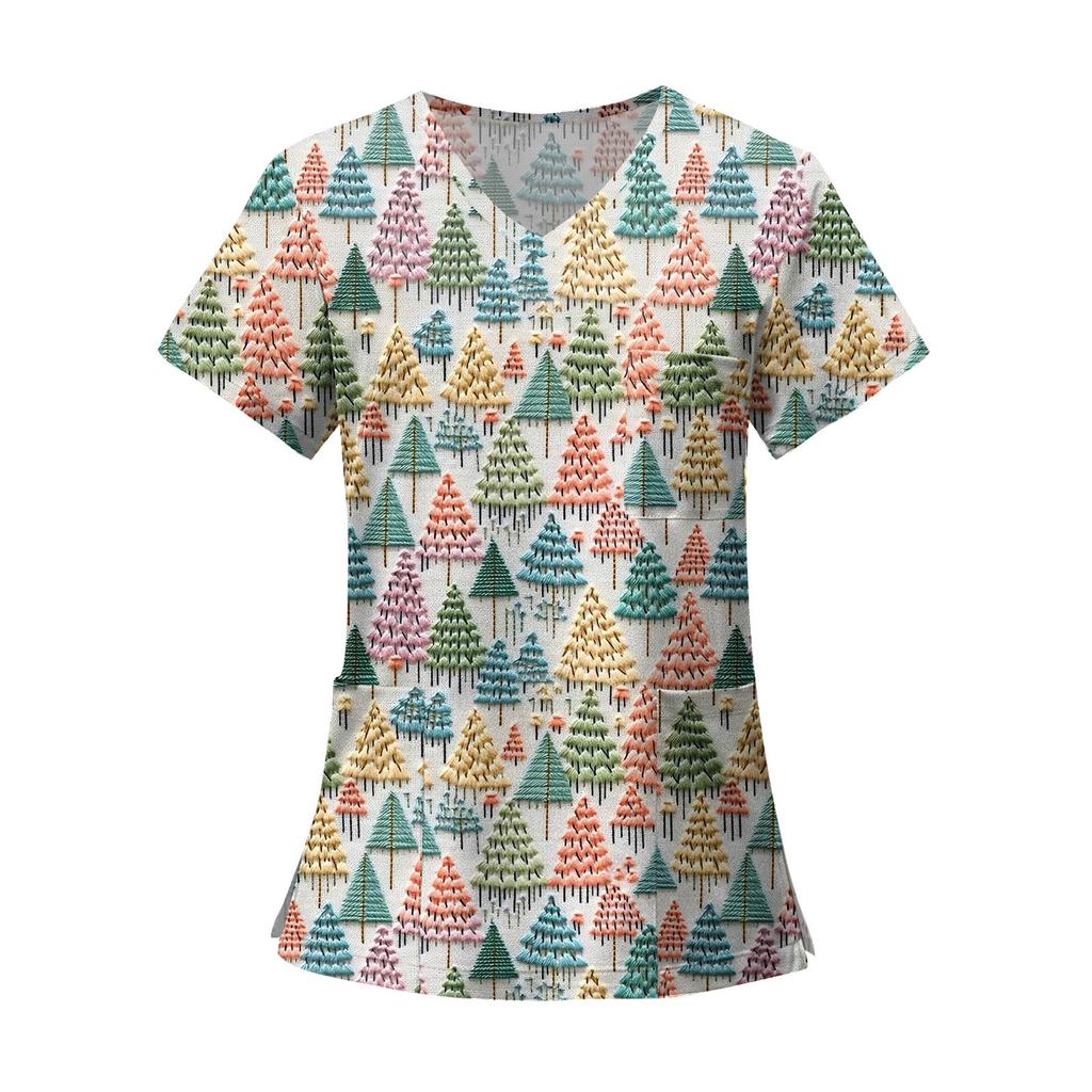 Women's Fashion Printed Short Sleeve V Neck Pattern Tops Pocket Working T-shirts