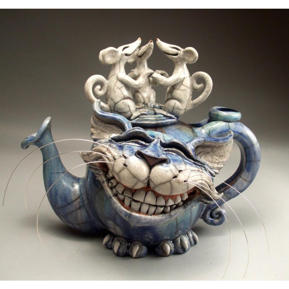 Ručně vyráběné umění Kočičí čajová konvice Devil Cat Kreativní domov Dekorace na pracovní plochu Kočka a ryby a ptáci Pryskyřice Řemesla Zahradní dekorace