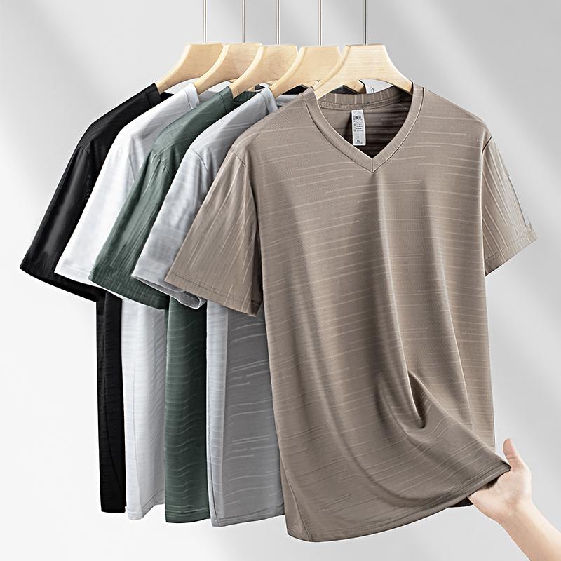 Summer Thin Plus Size Short Sleeved T-shirt For Men's Loose Half Sleeved V-neck Ice Silk T-shirt