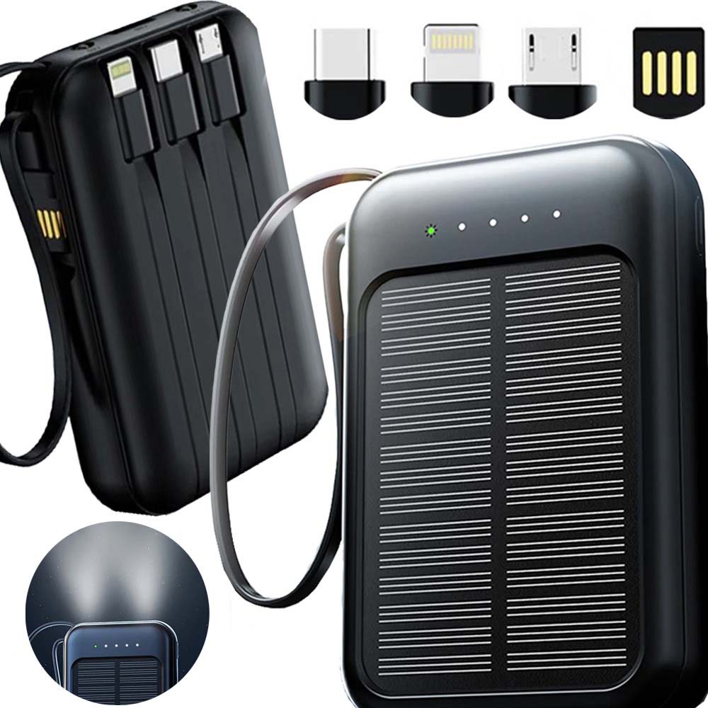 4-in-1 10000 mAh Solar Power Bank with Cables and Flashlight