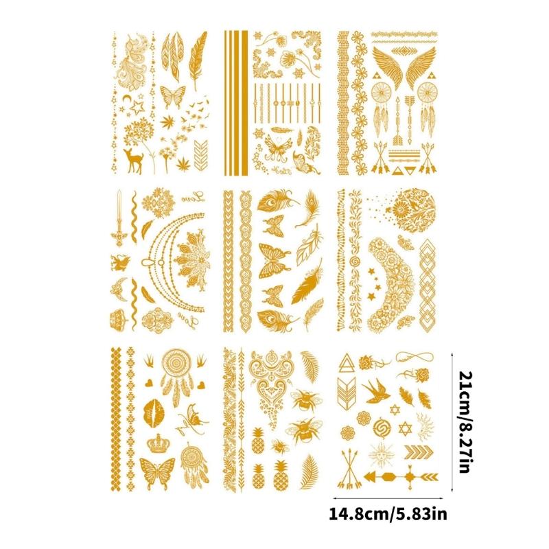 9 Blatt Premium Goldfolie Temporäre Tattoos für Partys und Events mit metallischen Designs und einfacher Anwendung