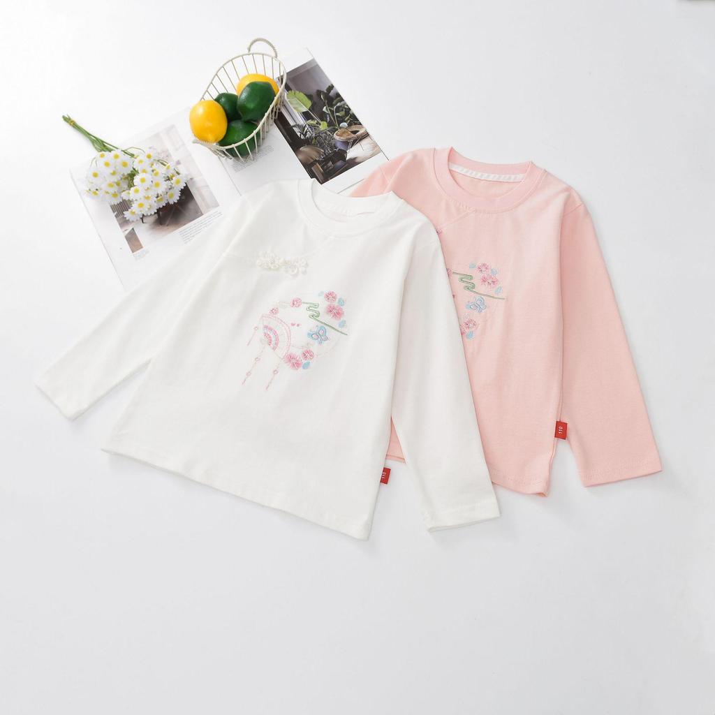 Autumn 2025 Girls' Frog Button Long Sleeve Shirt - New Chinese Style