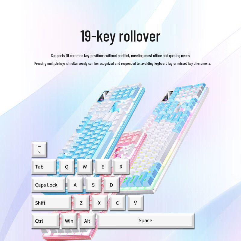 Blue & White Backlit Gaming Keyboard - Full Size Mechanical Feel, Wired USB