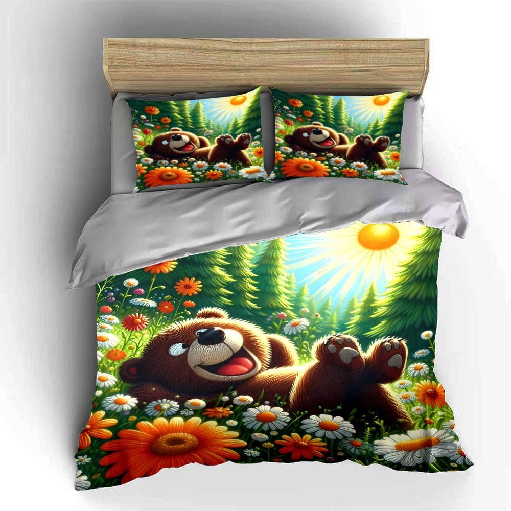 Cheerful Bear Relaxing In Nature Exquisite Three-Piece Bedding Set Gift For Kids And Adults