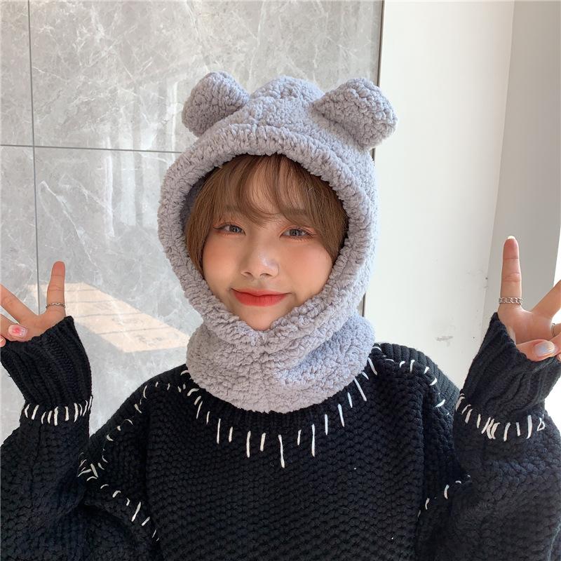 Bear hat women's winter scarf gloves three-piece cotton fleece integrated hooded cute thickened warm ear protector cotton hat