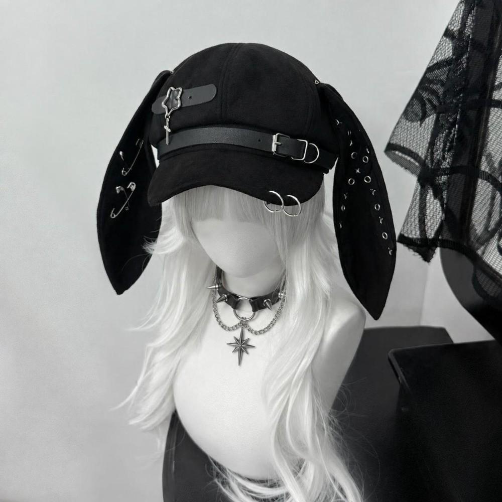 Rivet Buckle Long Rabbit Ears Beret Solid Color Chic Octagonal Hat Gothic Punk Hat for Girls
