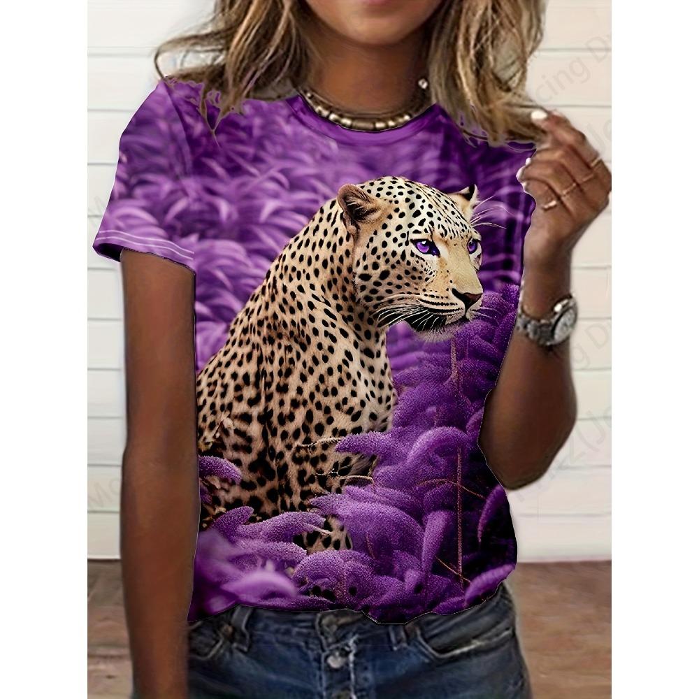 Women's 3d Tiger Print T-shirt, Round Neck Short Sleeve Casual T-shirt, Animal T-shirts, Floral T-shirts