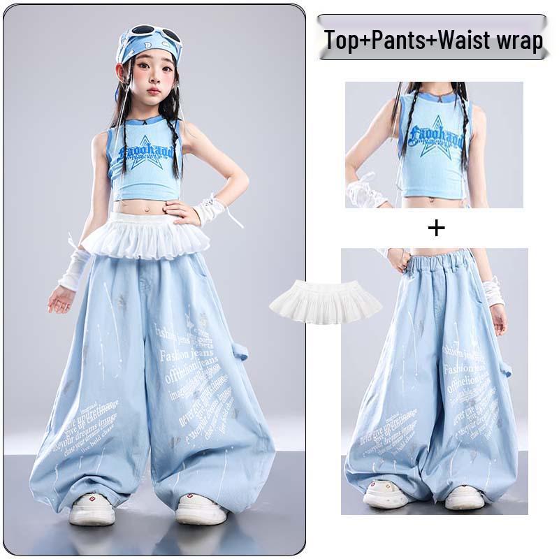 Trendy Blue Jazz Dance Costumes for Girls - Fashionable Performance Outfits for Children's Fashion Shows