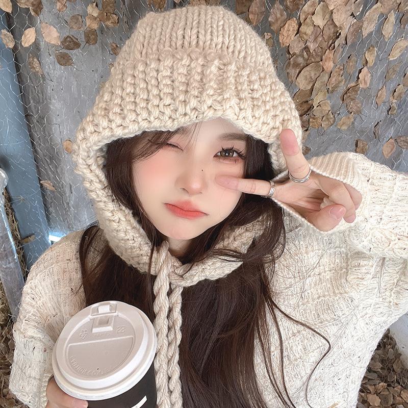 Korean New Hat for Women In Autumn and Winter Balaclava Versatile Warm Head Hat Neck Protection Knitted Wool Hat