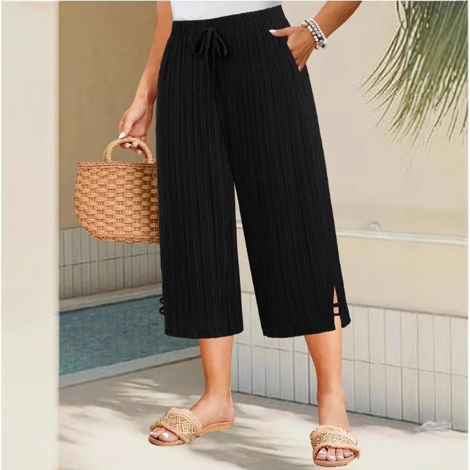 Women's Summer Plus Size Stripes Pants Texture Natural Waist Ankle Wide Leg Daily Pants