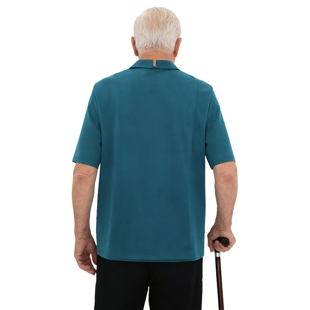 Mens Alzheimer Care T-Shirt Open Back Overlap Short Sleeve Lapel Zipper Neck Adaptive Top