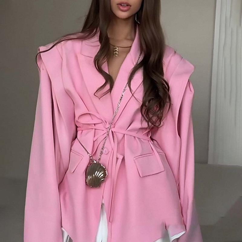 

Женский пиджак высокого класса, весенне-осенний, с темпераментом, для деловых поездок, с поясом на шнуровке, с подплечниками S