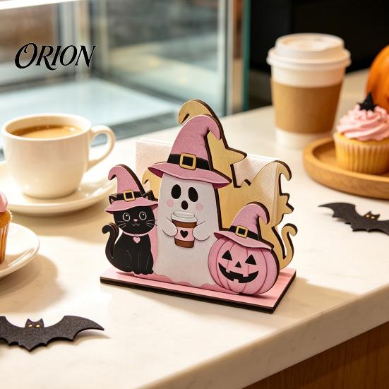 Solid Wood Napkin Tray Halloween Wooden Holder, Cute Pastel Pumpkin Ghost Black Cat Tabletop Tissue Dispenser, Decorative Paper Towel Holder