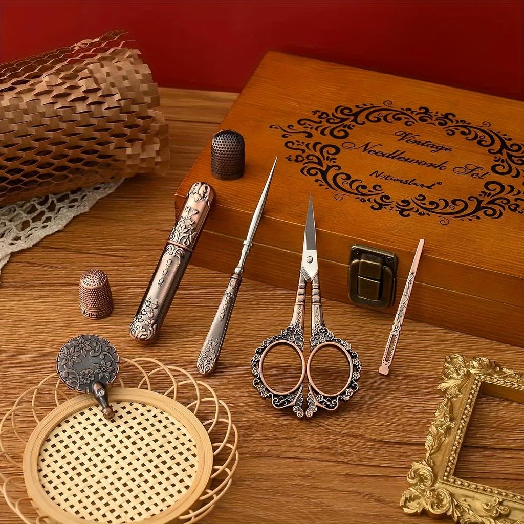 Vintage Wooden Box Embroidery Scissors Kit Diy Craft Supplies Tools Antique Sewing Kit Omplete Sewing Tools For Sewing Craft