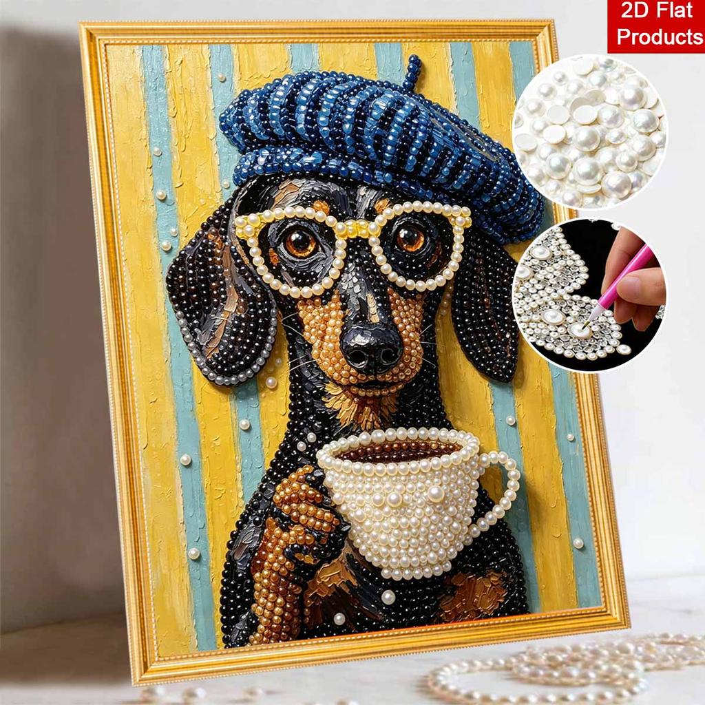 Kreatives DIY-Rahmen-Perlenkunst-Set mit Dackel-Kaffee-Muster Funkelnde Perlenleinwand Fertig zum Aufhängen Entspannendes Geschenk für Erwachsene Kunsthandwerk