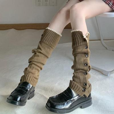 1Pairs Knitted Stacking Socks Cover JK Button Model Retro Twisted Wool Medium Tube Leg Cover Flanged Design Calf Cover