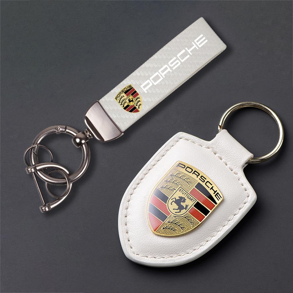 Kožený kľúčenka s emblémom Car Shield, kľúčenka z uhlíkových vlákien pre Porsche 911 718 Taycan Panamera Cayenne Macan Boxster Cayman Pajun