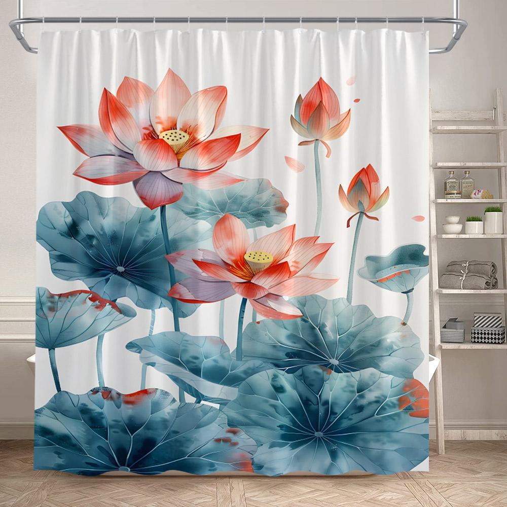 Lotus Shower Curtains White Floral Green Leaves Plant Chinese Style Art Bath Curtain Polyester Bathroom Bathtub Decor With Hooks