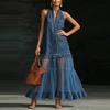 Letnia Damska Sukienka z Wysokim Stanem do Pracy Vintage Jeansowa Dekolt V Plisowana Długa Elegancka Bez Rękawów Odkryte Plecy Szyta Szyfonowa Sukienka