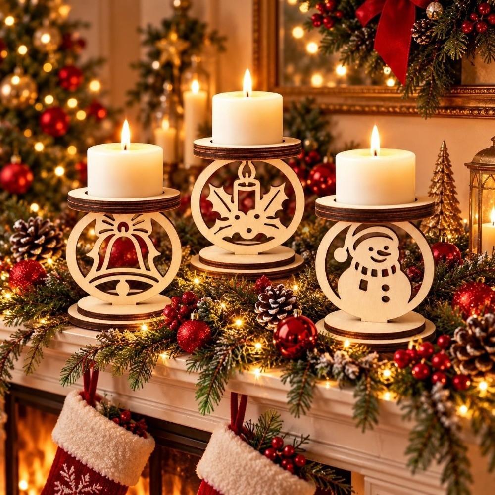 3Pcs Bell Pattern Wooden Christmas Candle Holder Xmas Table Candlestick Living Room